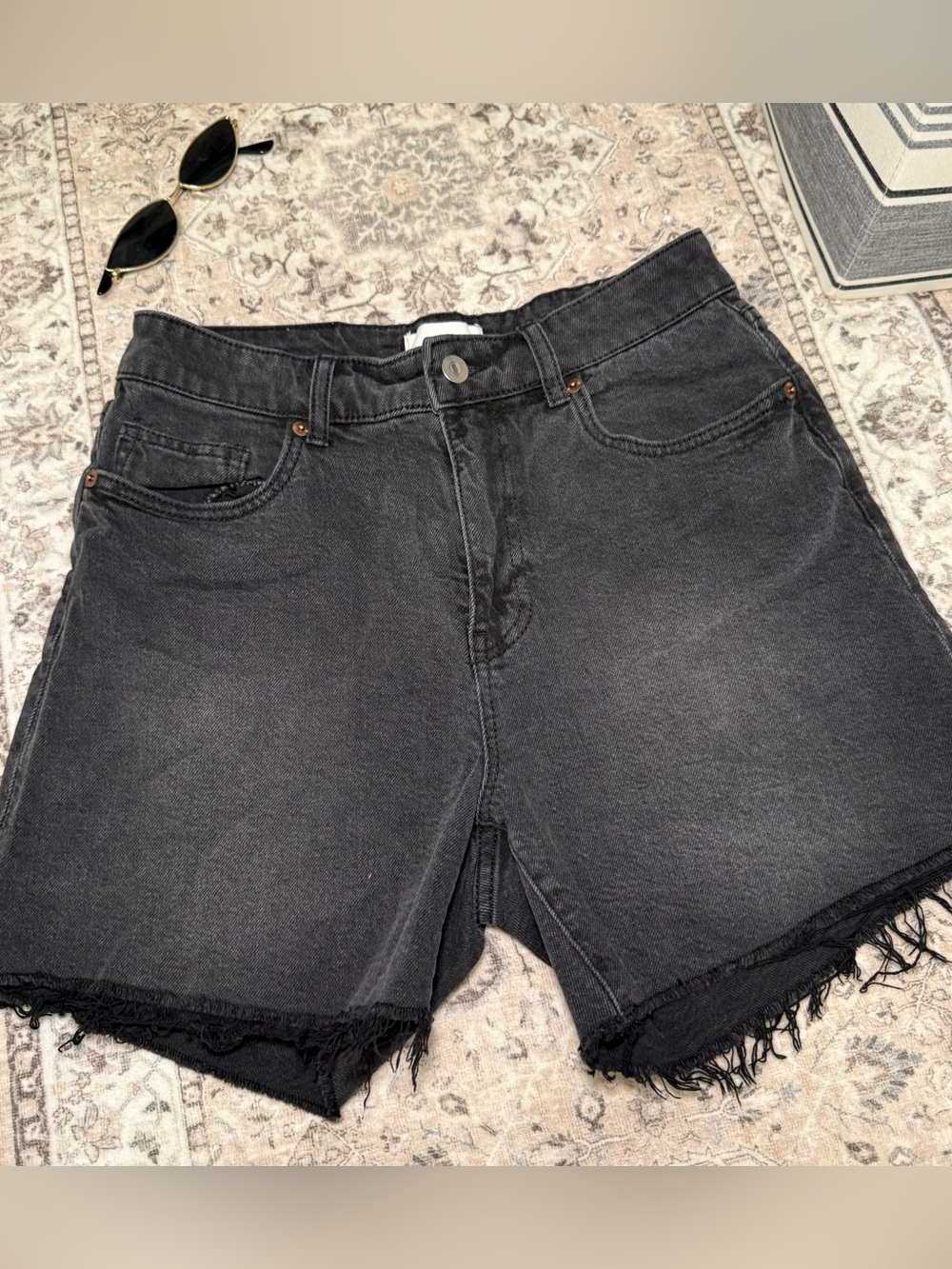 H&M Black Frayed Hem High-Rise Denim Shorts